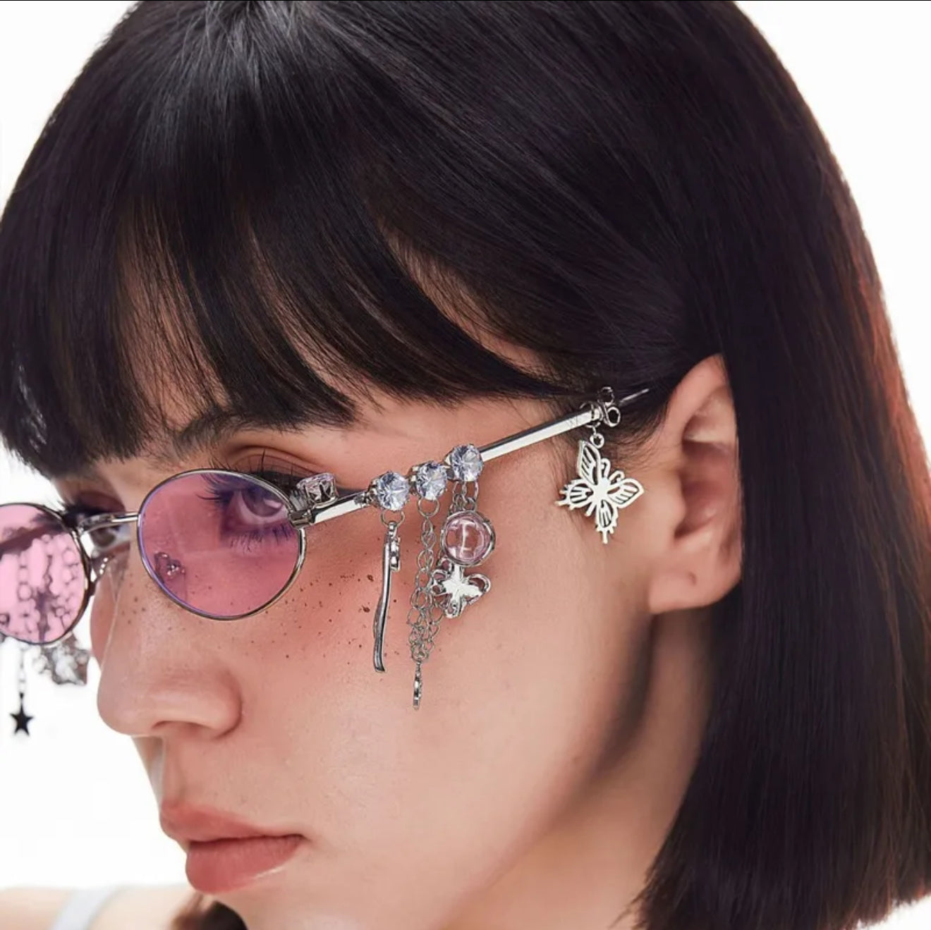 FairyCore Flutter Pink  | Y2K Novelty Streetwear Star Butterfly Pc Oval Frame Full
Frame Women's Sunglasses
